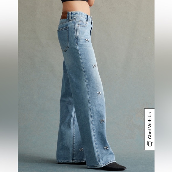 NWT Pacsun Rare Edit Denim Low Rise Baggy Jeans 24 Rhinestone Bows - Picture 2 of 15